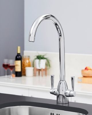 EVO RICHMOND CHROME MONO DUAL LEVER SWAN NECK KITCHEN SINK MIXER TAP with SWIVEL SPOUT, KTAP005CP EVO RICHMOND CHROME MONO DUAL LEVER SWAN NECK KITCHEN SINK MIXER TAP with SWIVEL SPOUT, KTAP005CP